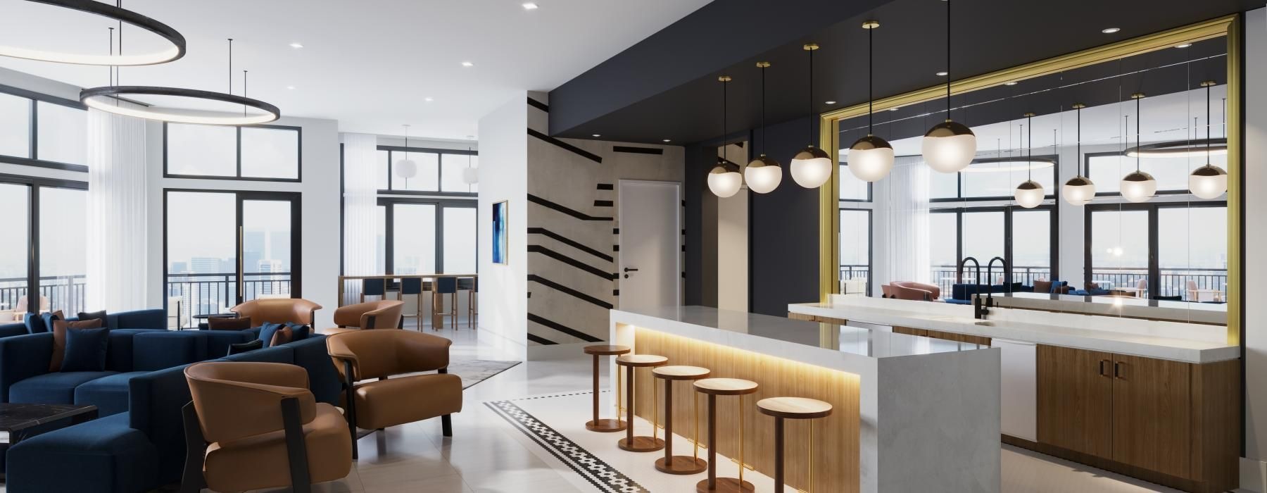 a modern looking kitchen with a bar and chairs