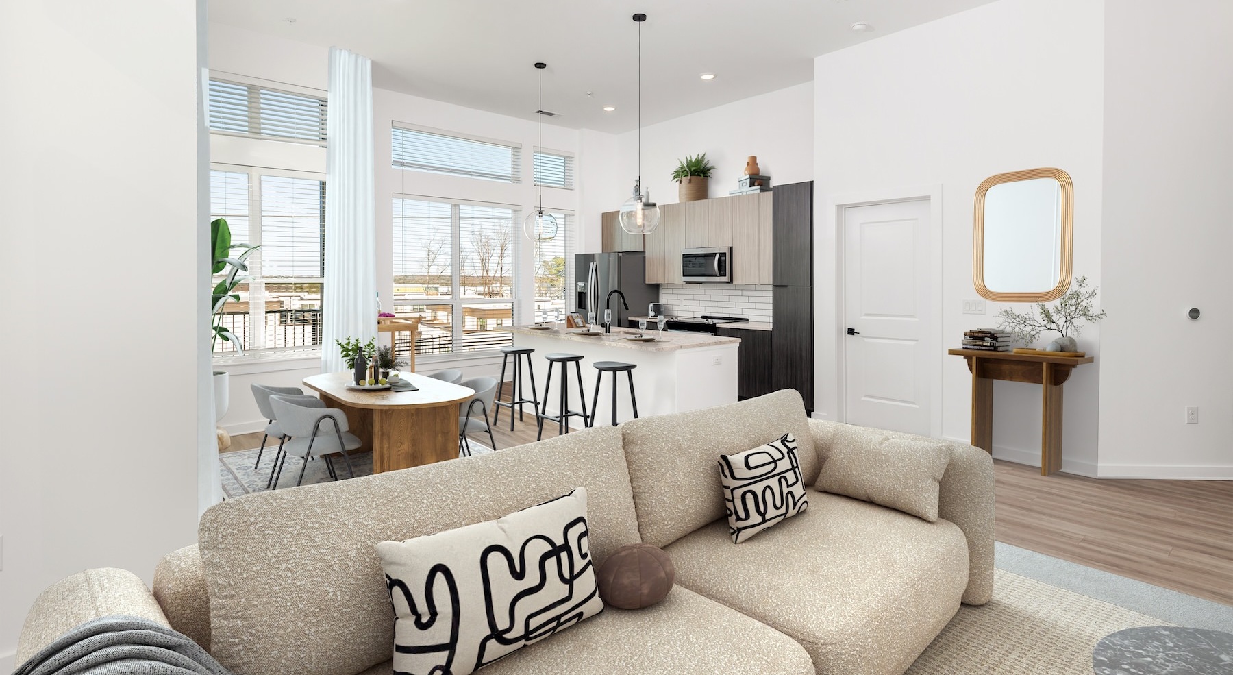 Grand living space with 12-foot ceilings