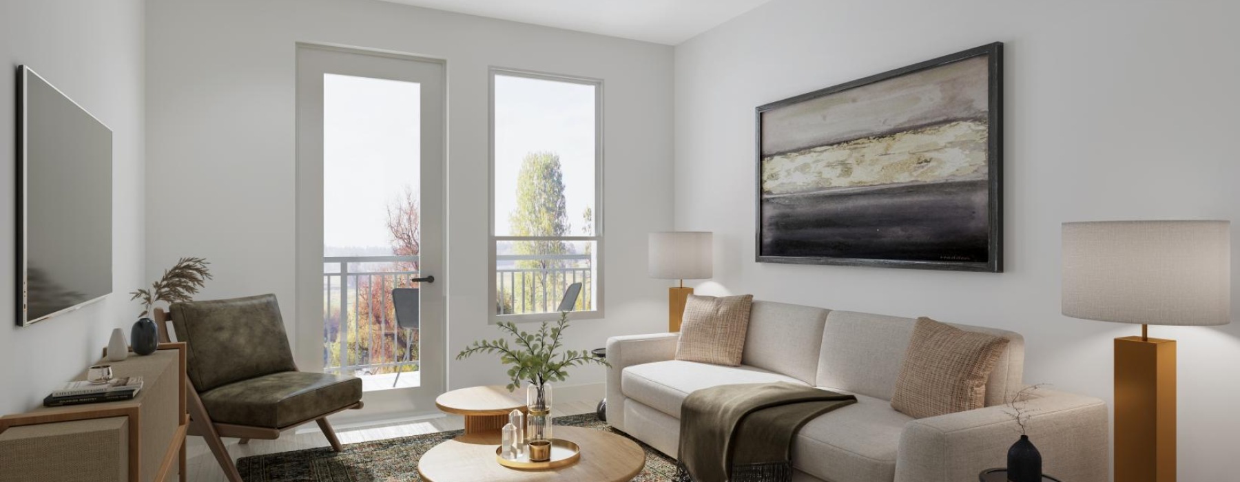 a living room with a ceiling fan